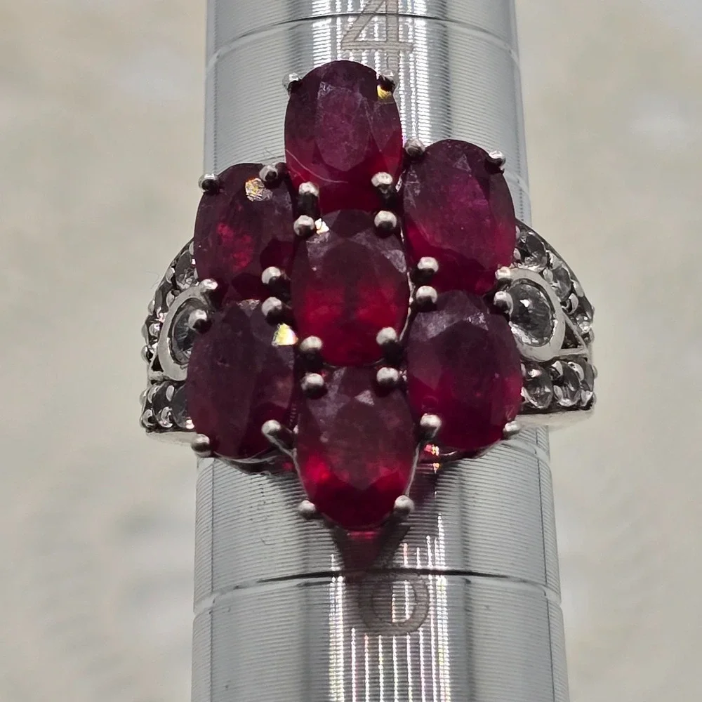 925 Cluster Ring Sterling Silver Red Colored Gemstone Flower Size 5